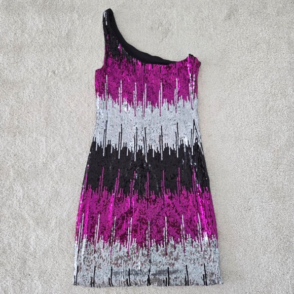 one shoulder ombre pink, black and silver sequin mini dress - Picture 3 of 4